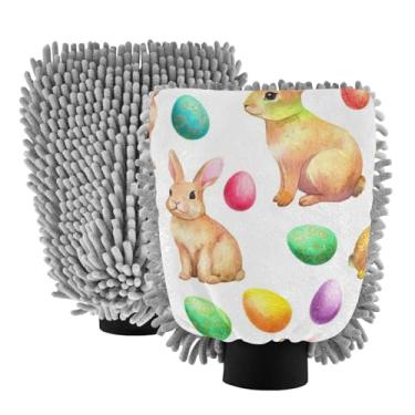 Imagem de ODAWA Luvas de lavagem de carro microfibra de chenille, 2PK luva absorvente de chenille para lavagem de carro, ovos de Páscoa de coelhos, branco, tamanho G 20,5 cm x 30 cm