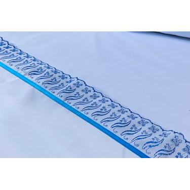 Imagem de Jogo Lençol 3 Peças Cama Solteiro King 198x108 100% Algodão Barrado em Lese (Azul, 25cm, 180)