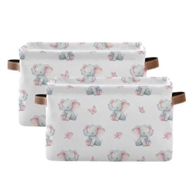 Imagem de Organizador de armário retangular de lona – Cestas de armazenamento decorativas dobráveis de tecido para banheiro, roupas, elefante fofo, borboleta, branco, pacote com 2