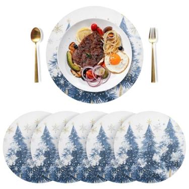 Imagem de Conjunto de 6 tapetes de mesa de jantar de PVC com pinheiros nevados azuis, 38 cm, para mesa de jantar, jogo americano à prova de calor