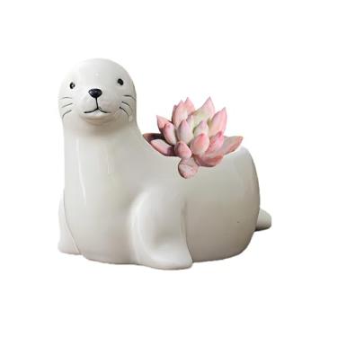 Imagem de SJBAG Vaso de suculentas de cerâmica em forma de leão marinho com orifícios de drenagem, vaso de animais pintado à mão para cactos e suculentas internos, decoração de casa exclusiva e presente