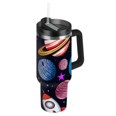 Imagem de Copos com tampa e canudo colorido planetas espaço 1,134 g copo com alça impressão garrafas de água isoladas copos de café quente de aço inoxidável para carro