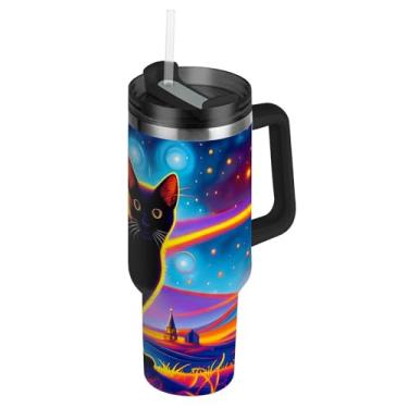 Imagem de Joisal Copos de aço inoxidável com tampas e canudo gato preto céu estrelado noite mística caneca de café quente para carros Termo copo de 850 g com alça garrafa de água isolada