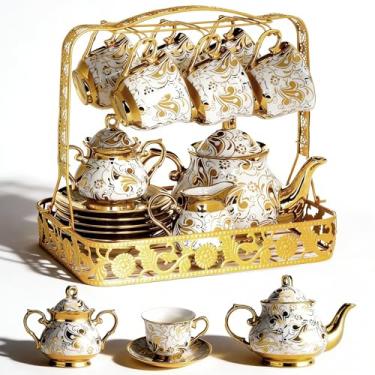 Imagem de Conjuntos de bule de chá, conjuntos de chá de café de cerâmica inglesa de 23 peças, com bule de chá (1380 ml), 6 xícaras de chá (200 ml), açucareiro (300 ml), jarro de leite (220 ml), sem metal