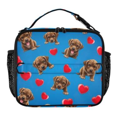 Imagem de Joisal Lancheira marrom cachorros corações azul meninas mulheres lancheira crianças homens lancheira para trabalho lancheira térmica com alça de ombro ajustável