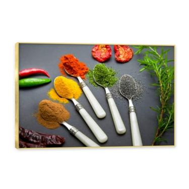 Imagem de Moldura dourada. Arte de parede em tela de especiarias coloridas e colher de tempero | Decoração de cozinha vintage | Arte moderna para casa e sala de jantar. C42. 50 x 75 cm - 19,7 x 29,6 pol