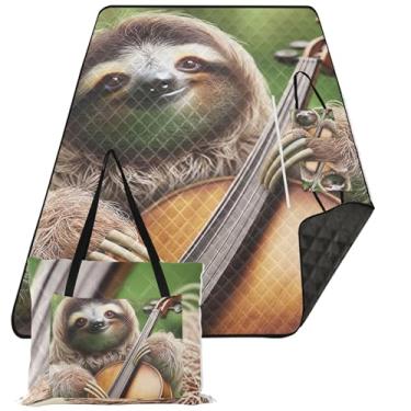 Imagem de TSENQUE Linda preguiça violoncelo música cobertores de piquenique cobertor de praia dobrável impermeável à prova de areia grande impressão cobertores externos para grama 299.7 cm x 203.2 cm