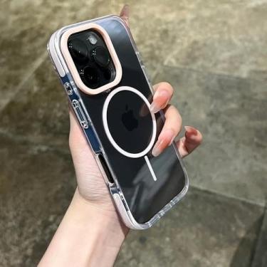Imagem de Capa magnética transparente para iPhone 14, 15, 16 Plus, 11, 12, 13, 16 Pro Max, alça de pulso transparente, capa protetora à prova de choque, rosa, para iPhone 16