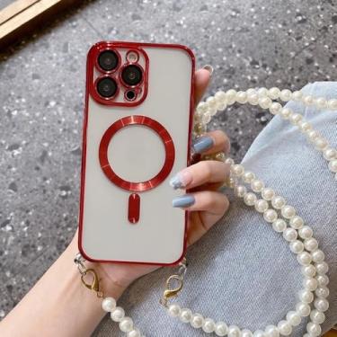 Imagem de Capa de carregamento sem fio magnética Pearl Crossbody com cordão para iPhone 15, 16, 16E, 14, 13, 12, 11 Pro Max Plus, vermelha, para iPhone 15 Plus