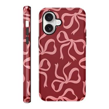 Imagem de Vulfwela Linda capa de telefone com laço rosa para iPhone 17 6,3 polegadas, fita estética padrão laço 2 em 1 capa vermelha brilhante à prova de choque fina macia TPU rígido proteção de PC meninas