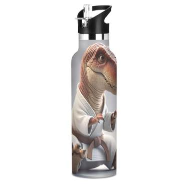 Imagem de Joisal Dinossauro Karatê Garrafas de água engraçadas com tampa de canudo Garrafa de água isolada de aço inoxidável para crianças meninos 590 ml parede dupla à prova de vazamento copos de viagem para