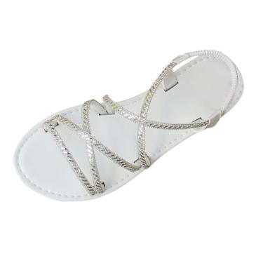Imagem de Sandálias femininas fashion casual versátil cor sólida strass férias primavera e verão moda praia confortável, Branco, 36