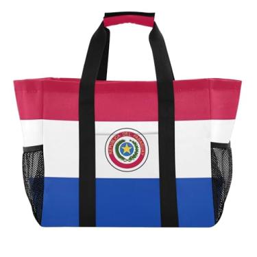 Imagem de Sacola de compras de cozinha reutilizável com desenho animado de praia bolsas utilitárias femininas embaláveis para piscina bolsa de barco cinza moderno, Bandeira do Paraguai, 15.4 X 9.8 X 12.8 inch