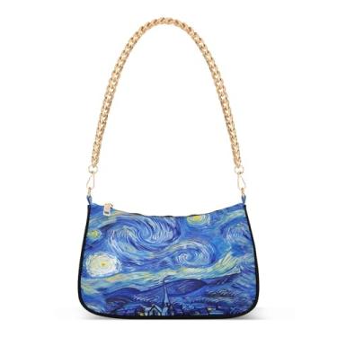 Imagem de Swirl Art Starry Night Bolsa de ombro com corrente azul, bolsa de mão artística Hobo para mulheres, bolsa clutch versátil para todos os dias e à noite