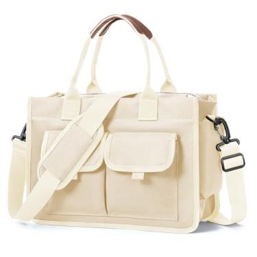 Imagem de coowoz Sacola de lona para mulheres bolsas de trabalho com zíper bolsas transversais de enfermeira bolsas de ombro professor universitário laptop bolsa mensageiro masculina com compartimentos bege