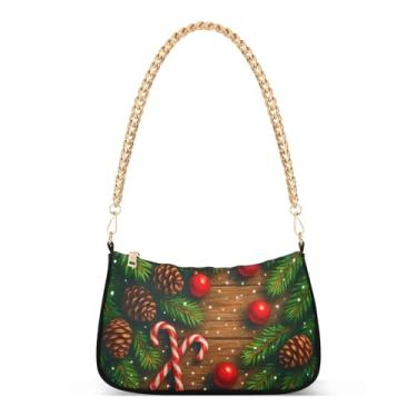 Imagem de Linda bolsa de ombro de corrente verde de Natal, bolsa feminina Hobo com estampa festiva, bolsa diária para festas de fim de ano e uso casual