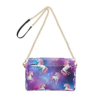 Imagem de Joitme Bolsa tiracolo feminina bolsa para celular majestosos unicórnios neon estrelas PU bolsa de ombro com alça de corrente