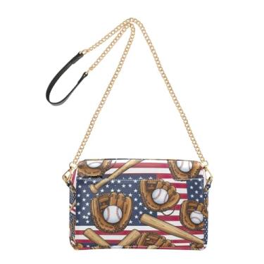 Imagem de Joitme Bolsa feminina de beisebol vintage com bandeira americana com alça de corrente de couro PU bolsa de ombro bolsa para celular