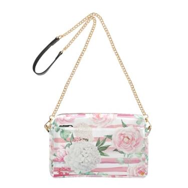 Imagem de Joitme Bolsa de ombro feminina transversal rosa pastel peônias brancas bolsa para celular bolsa de ombro de couro PU alça de corrente
