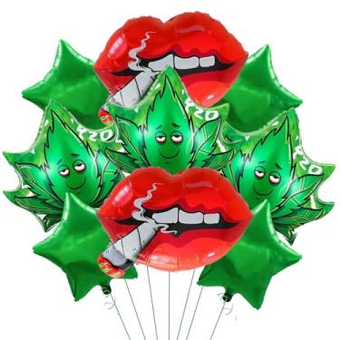 Imagem de 9 Pcs Let's Get Lit Balloons Kit – Marijuana Leaf, Smoking Lips, Green Stars Foil Balloon for Marijuana 420 Party, Weed Party Decorations for Adults, Have a Dope Birthday Decor