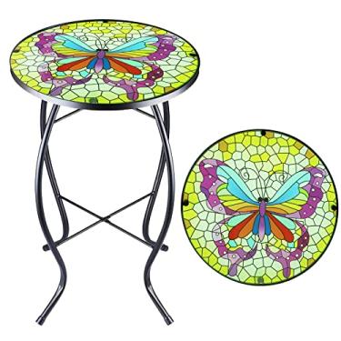 Imagem de Arbuxzuy Mesa lateral pequena de 35,5 cm com borboleta colorida, mesa de pátio de mosaico de vidro interna, mesa de centro redonda para sala de estar, varanda, jardim