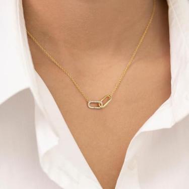 Imagem de Colar com pingente de ouro para mulheres, colares ovais delicados para mulheres, simples, banhado a ouro 14K, clipe de papel, gargantilha de comprimento ajustável, joia moderna para presentes