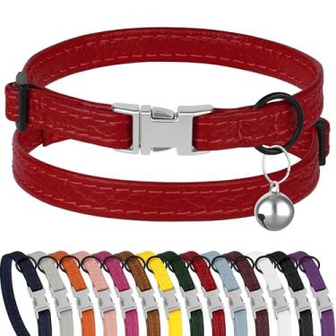 Imagem de Coleira de couro para gatos com fivela e sino removível - Coleiras de segurança macias e ajustáveis para animais de estimação pequenos para meninas, meninos, gatos, gatinhos (vermelha)