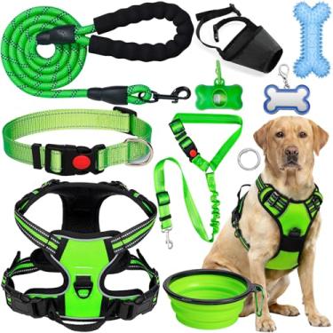 Imagem de YXFDOYT Conjunto de coleira e coleira ajustável sem puxões para cães – Arneses de frente única dobráveis e dispensador de saco de cocô com etiquetas de identificação de focinheira para cães pequenos