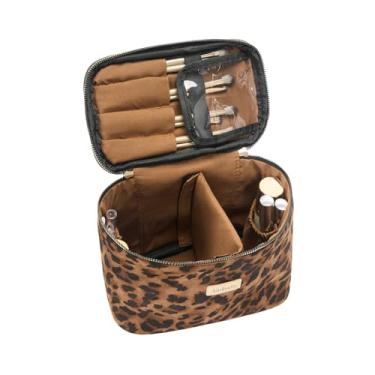 Imagem de AmBealla Bolsa de maquiagem grande com estampa de leopardo com suporte de pincel de maquiagem, organizador de maquiagem bonito impresso para mulheres viajando, bolsa de higiene pessoal portátil para