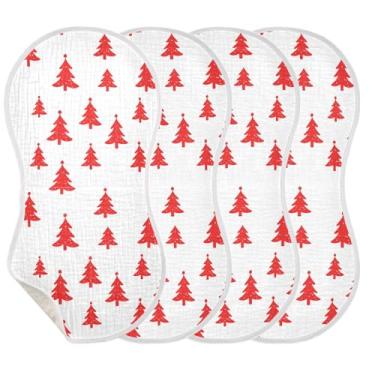 Imagem de Wassud Pacote com 4 panos de musselina de Natal com estampa de árvore de Natal, babadores de algodão, toalhas de rosto absorventes e macios para arrotos para meninos e meninas recém-nascidos