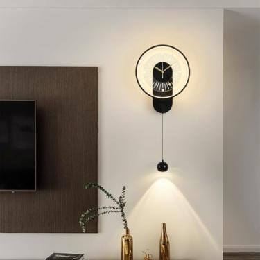 Imagem de Arandela de parede LED com relógio, decoração criativa com iluminação em 3 cores, design de relógio, luminária de parede preta, iluminação moderna para sala de estar, sala de jantar, escritó