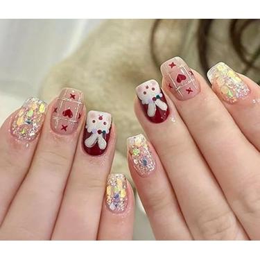 Imagem de Unhas quadradas de pressão, unhas macias de gel médio, 12 tamanhos – 24 kit de manicure falsa, coelho vermelho chamativo