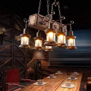 Imagem de Luminária pendente vintage industrial de madeira com 6 lâmpadas, estilo retrô, em metal, com soquete E27. Ideal para sala de jantar, sala de estar, cozinha, bar e restaurante, com altura aju