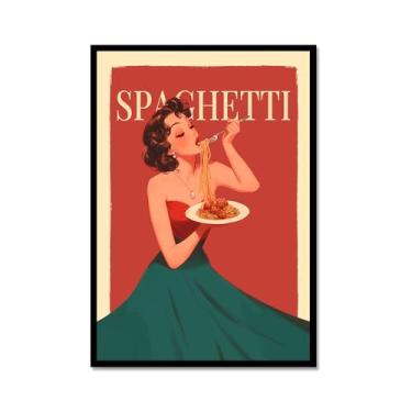 Imagem de Pôster Vintage Italian Foods Mulher Comendo Espaguete Pôsteres Ilustração Arte Pintura em Tela Impressão Massa Comida Cozinha Decoração de Parede (SKU3,12 x 40,6 cm = (30 x 40 cm), Moldura de metal