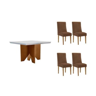Imagem de Sala Jantar Mesa Nevada Curvo 90cm + 4 Cadeiras Maldivas Madeira Naturale/Off White - Capuccino/Suede Marrom - Rufato