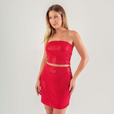 Imagem de Conjunto susie top e saia paetê feminino - Susie Modas, Vermelho, M, 1