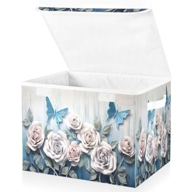 Imagem de Blueangle Cestos de armazenamento Blue Roses com tampas, 42 x 32 x 30 cm, grande cesta organizadora dobrável para decoração de casa e escritório (328)