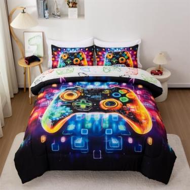 Imagem de Aimuan Jogo de cama gamer 3D, gamepad, para meninos, console de jogos, botões de ação, novidade colorido, controle de jogo, moderno, conjunto de colcha (preto-azul, casal)