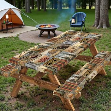 Imagem de Bcsewcg Toalha de mesa retangular de piquenique com capas de banco de 1,8 m, 3 peças, essenciais para acampamento, retangular, impermeável, com borda elástica, para pátio interno e externo, 183 cm