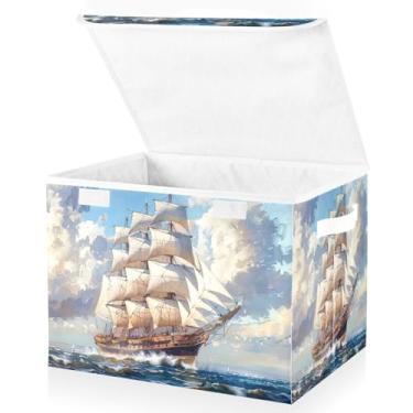 Imagem de Blueangle Cestos de armazenamento grandes com tampas, 42 x 32 x 30 cm, grande cesta organizadora dobrável para decoração de escritório (557)