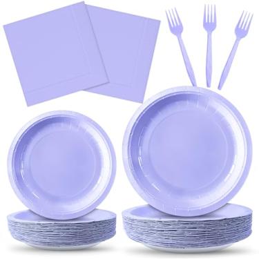 Imagem de ZVK Conjunto de pratos de papel lavanda 200 peças, pratos de sobremesa de festa, pratos de jantar, guardanapos com garfos descartáveis