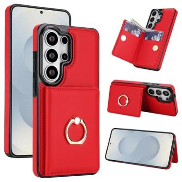 Imagem de Capa carteira para Samsung Galaxy S26 Ultra com suporte para cartão, bloqueio RFID, suporte de anel giratório de 360° com fecho magnético à prova de choque (vermelha)