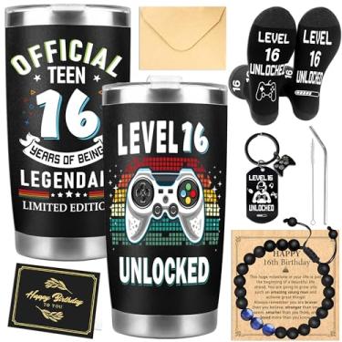 Imagem de MOIZYNG Presentes de aniversário de 16 anos para meninos inclui copo de 590 ml com canudo e escova de limpeza, chaveiro de pulseira meias e cartão, presentes de aniversário de jogos engraçados para