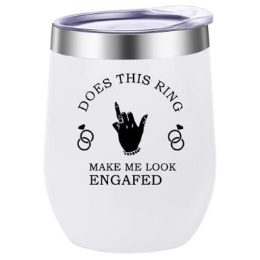 Imagem de Does This Ring Make Me Look Engaged Copo de vinho, copo de aço inoxidável isolado de 340 g com tampa, caneca de café de viagem, presente de noivado para noivas, aniversário, Natal (branco)