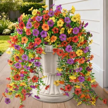 Imagem de Homsunny Flores artificiais para pendurar ao ar livre, 2 peças, flores falsas, margaridas de seda sintética com folhas de eucalipto, resistentes a UV, para decoração de primavera, casa, pátio, varanda