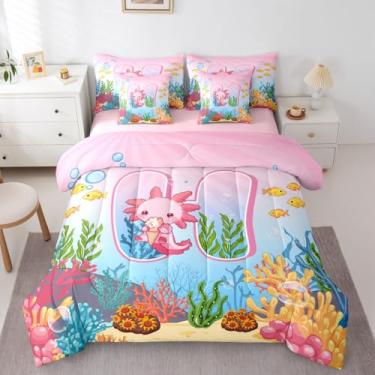 Imagem de Erosebridal Conjunto de edredom solteiro fofo Axolotl para meninas, rosa e azul, desenho animado com letra H, animal kawaii, oceano, animal, em uma bolsa, desenho alfabético, salamandra, para crianças
