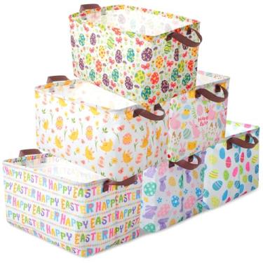 Imagem de Vesici Pacote com 6 cestas de Páscoa grandes para presentes, caixas de armazenamento vazias de Páscoa, dobrável, coelho, coelho, ovos, caixas retangulares de lona com alça para roupas de livros