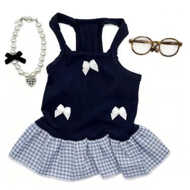 Imagem de Yioxjak Vestido de cachorro, roupas fofas para animais de estimação com óculos e colar, saia de cachorrinho estilo xadrez para meninas pequenas, M