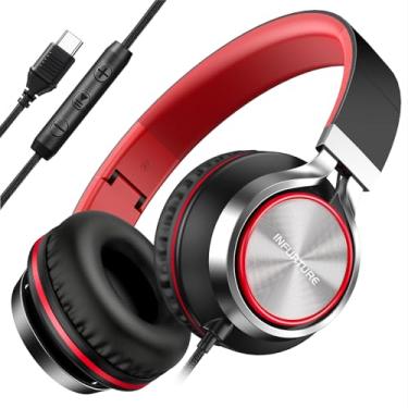 Imagem de INFURTURE Fones de ouvido com fio USB C (tipo C) com microfone e controle de volume, linha sem emaranhamento, fones de ouvido sobre/intra-auriculares, leves e dobráveis para smartphone, tablet, iPhone