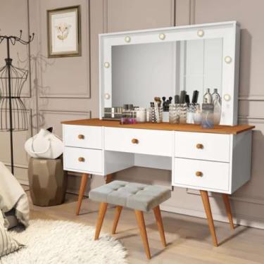 Imagem de Penteadeira Camarim Com Banqueta Com Led Espelho Resistente Moderna Decorativa Madeira MDF Maquiagem (Branco/Nature)